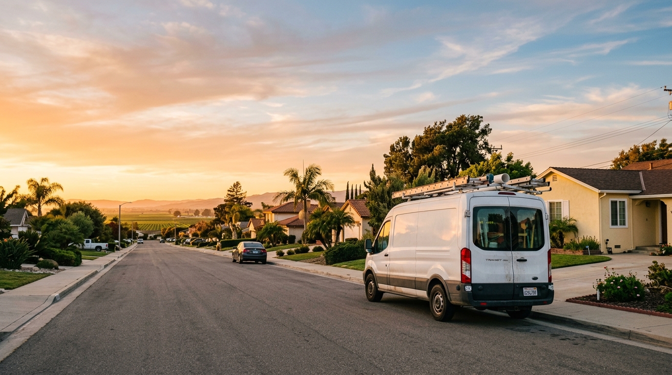 A plumbing service van on a Santa Maria residential street at golden hour